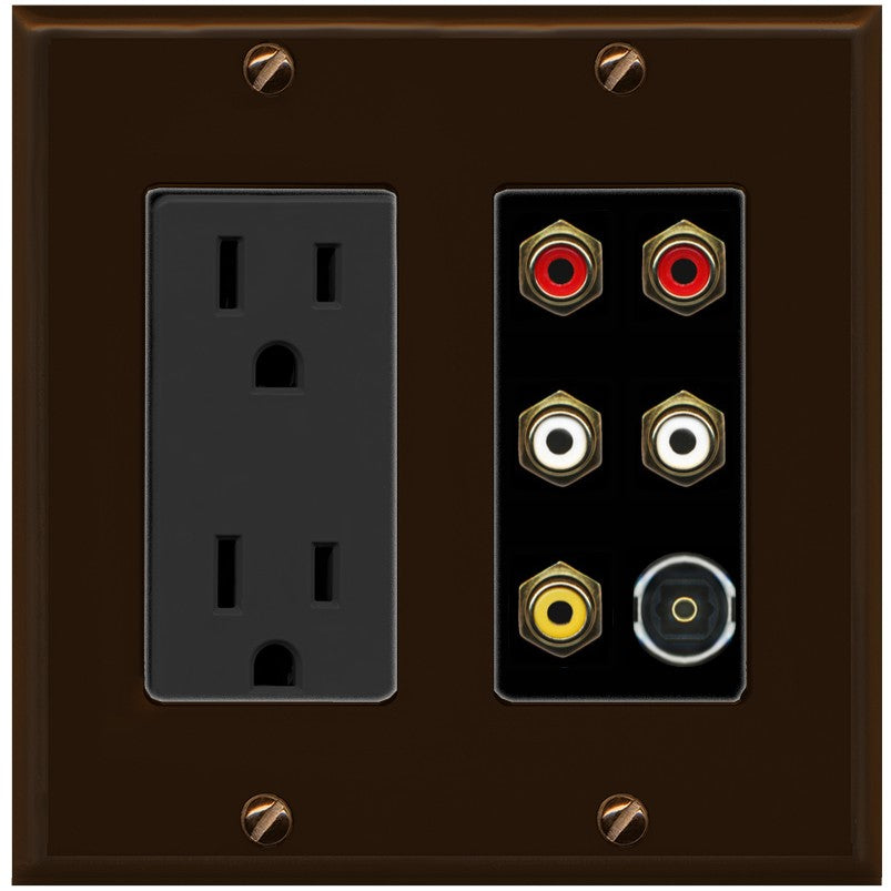 RiteAV 5 RCA (2 Red, 2 White, 1 Yellow) Toslink Wall Plate - Outlet [Brown/Black]