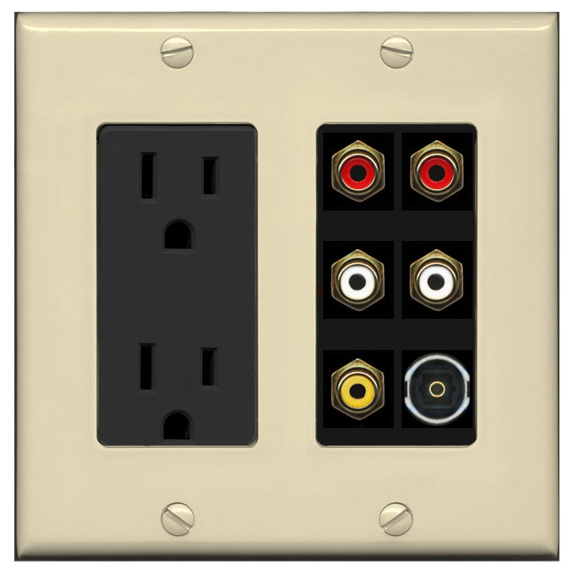 RiteAV 5 RCA (2 Red, 2 White, 1 Yellow) Toslink Wall Plate - Outlet [Ivory/Black]