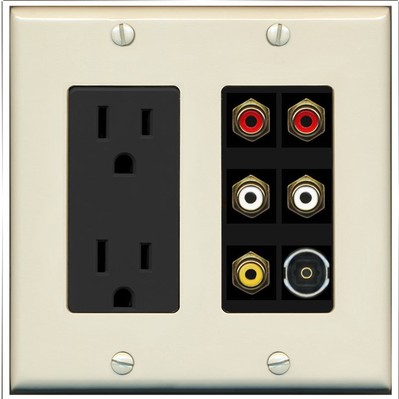 RiteAV 5 RCA (2 Red, 2 White, 1 Yellow) Toslink Wall Plate - Outlet [Light-Almond/Black]