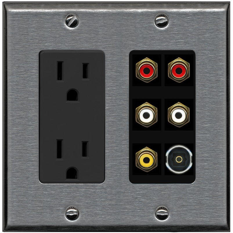 RiteAV 5 RCA (2 Red, 2 White, 1 Yellow) Toslink Wall Plate - Outlet [Stainless/Black]