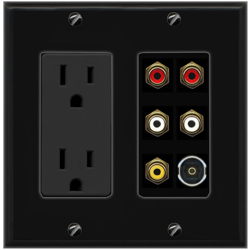 RiteAV 5 RCA (2 Red, 2 White, 1 Yellow) Toslink Wall Plate - Outlet [Black/Black]
