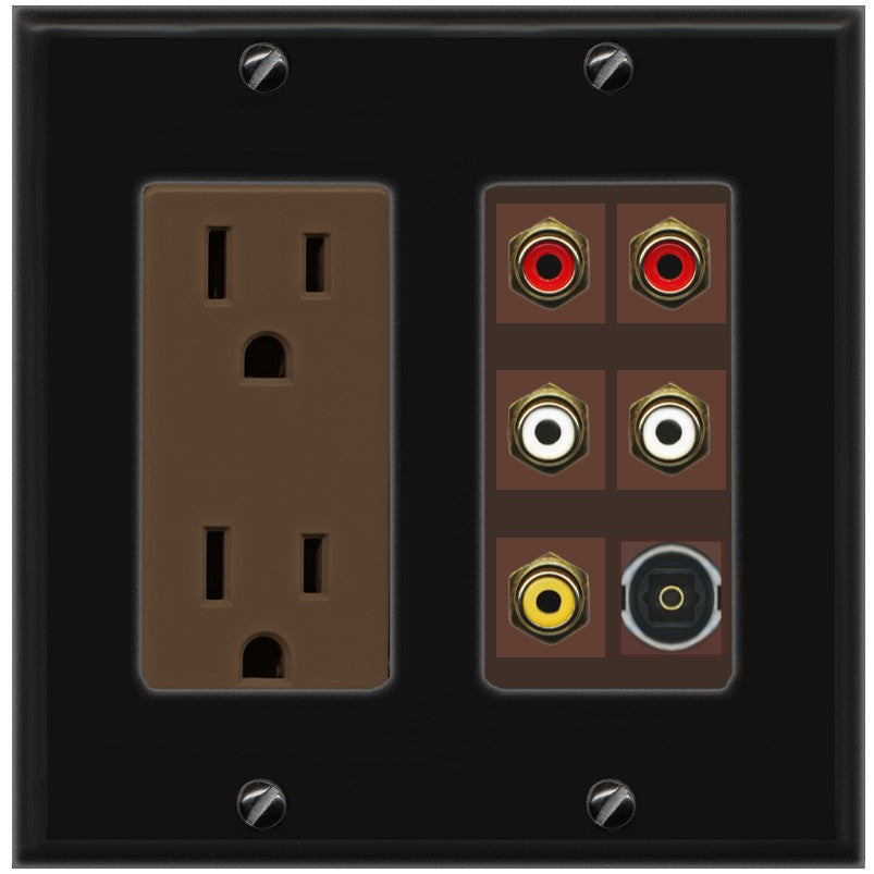 RiteAV 5 RCA (2 Red, 2 White, 1 Yellow) Toslink Wall Plate - Outlet [Black/Brown]