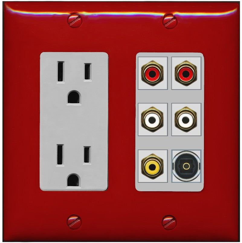 RiteAV 5 RCA (2 Red, 2 White, 1 Yellow) Toslink Wall Plate - Outlet [Red/Gray]
