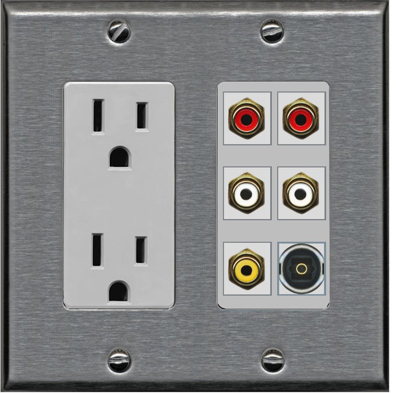RiteAV 5 RCA (2 Red, 2 White, 1 Yellow) Toslink Wall Plate - Outlet [Stainless/Gray]