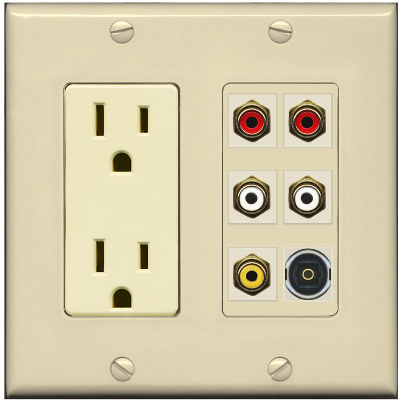 RiteAV 5 RCA (2 Red, 2 White, 1 Yellow) Toslink Wall Plate - Outlet [Ivory/Ivory]