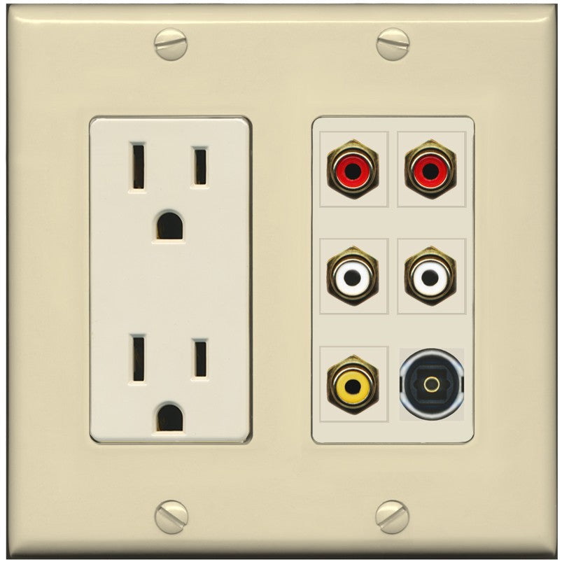 RiteAV 5 RCA (2 Red, 2 White, 1 Yellow) Toslink Wall Plate - Outlet [Ivory/Light-Almond]