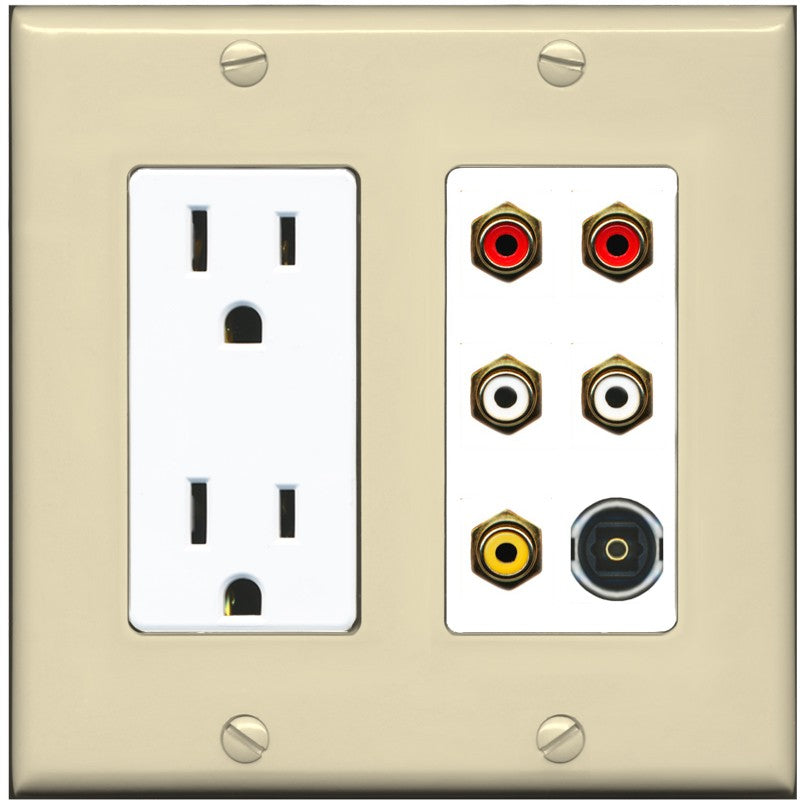 RiteAV 5 RCA (2 Red, 2 White, 1 Yellow) Toslink Wall Plate - Outlet [Ivory/White]