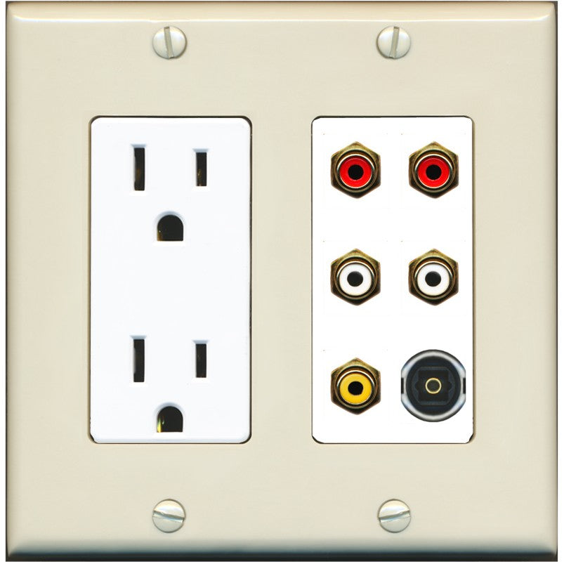RiteAV 5 RCA (2 Red, 2 White, 1 Yellow) Toslink Wall Plate - Outlet [Light-Almond/White]