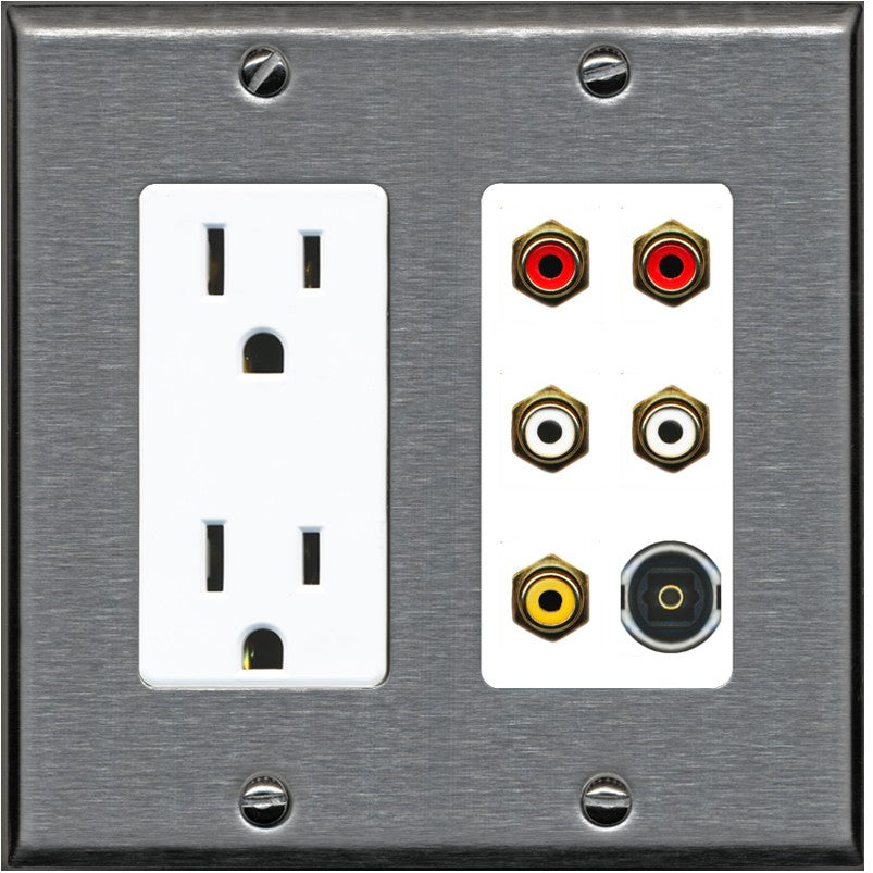 RiteAV 5 RCA (2 Red, 2 White, 1 Yellow) Toslink Wall Plate - Outlet [Stainless/White]