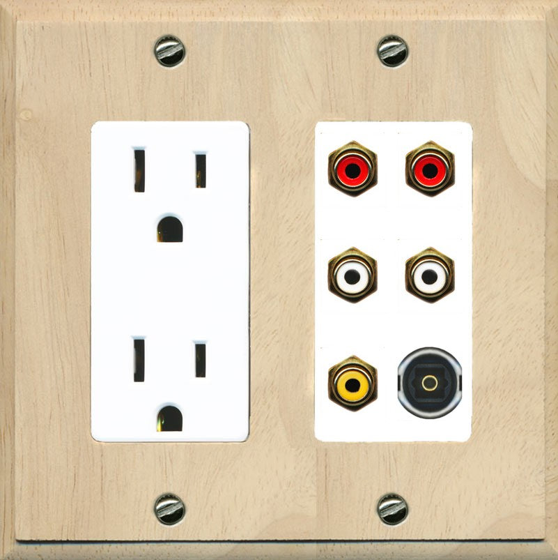 RiteAV 5 RCA (2 Red, 2 White, 1 Yellow) Toslink Wall Plate - Outlet [Wood/White]