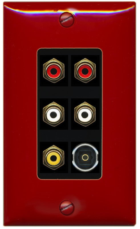 RiteAV 5 RCA (2 Red, 2 White, 1 Yellow) Toslink Wall Plate - 1 Gang Decorative [Red/Black]