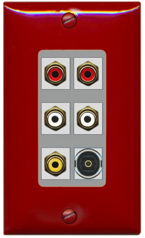 RiteAV 5 RCA (2 Red, 2 White, 1 Yellow) Toslink Wall Plate - 1 Gang Decorative [Red/Gray]