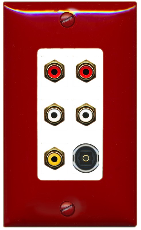 RiteAV 5 RCA (2 Red, 2 White, 1 Yellow) Toslink Wall Plate - 1 Gang Decorative [Red/White]