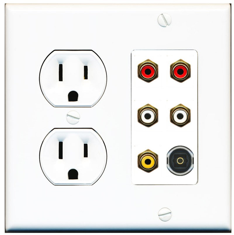 RiteAV 5 RCA (2 Red, 2 White, 1 Yellow) Toslink Wall Plate - Round Outlet [White]