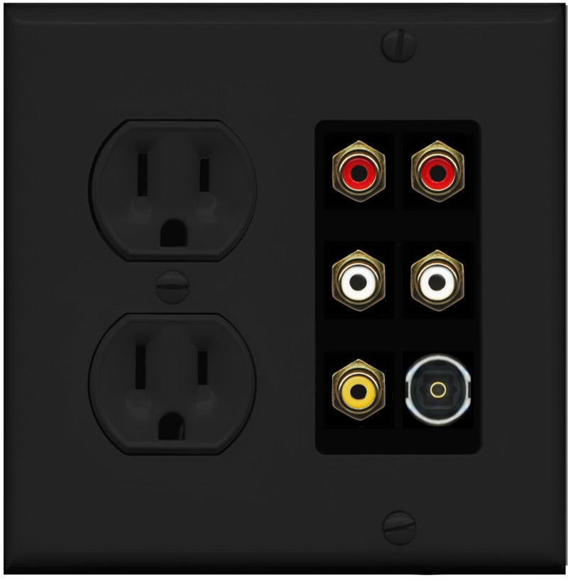 RiteAV 5 RCA (2 Red, 2 White, 1 Yellow) Toslink Wall Plate - Round Outlet [Black/Black]