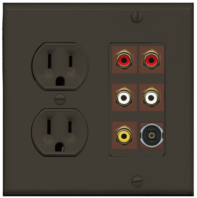 RiteAV 5 RCA (2 Red, 2 White, 1 Yellow) Toslink Wall Plate - Round Outlet [Brown/Brown]