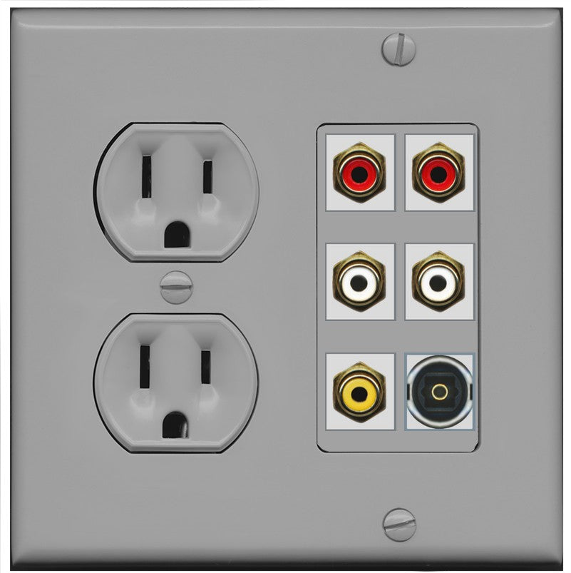 RiteAV 5 RCA (2 Red, 2 White, 1 Yellow) Toslink Wall Plate - Round Outlet [Gray/Gray]