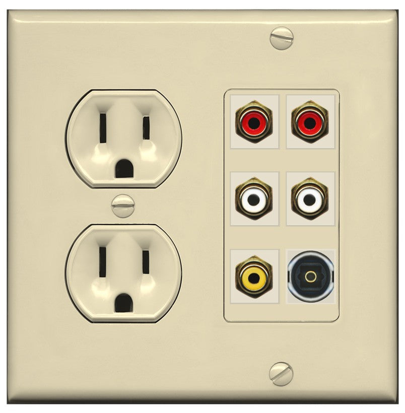 RiteAV 5 RCA (2 Red, 2 White, 1 Yellow) Toslink Wall Plate - Round Outlet [Ivory/Ivory]