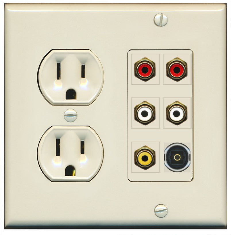 RiteAV 5 RCA (2 Red, 2 White, 1 Yellow) Toslink Wall Plate - Round Outlet [Light-Almond]