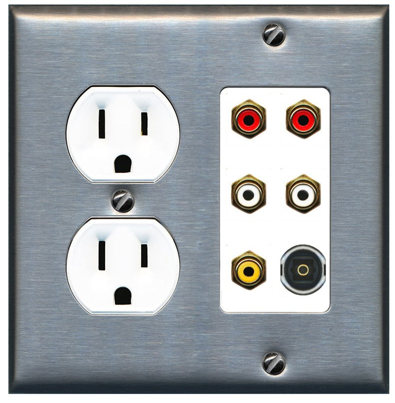 RiteAV 5 RCA (2 Red, 2 White, 1 Yellow) Toslink Wall Plate - Round Outlet [Stainless/White]