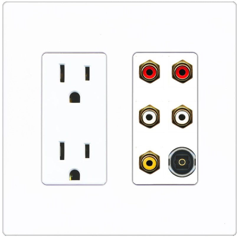 RiteAV 5 RCA (2 Red, 2 White, 1 Yellow) Toslink Wall Plate - Outlet [Screwless White]