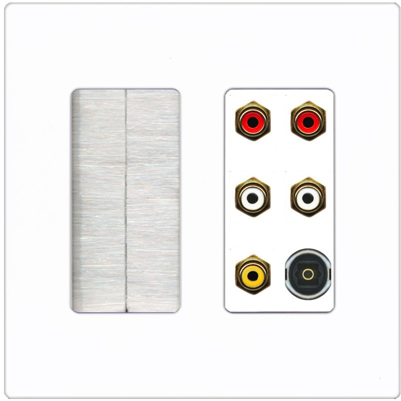 RiteAV 5 RCA (2 Red, 2 White, 1 Yellow) Toslink Wall Plate - Brush [Screwless White]