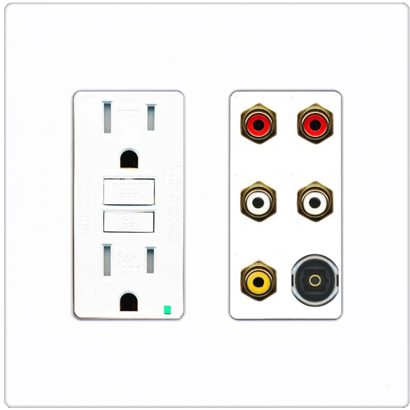 RiteAV 5 RCA (2 Red, 2 White, 1 Yellow) Toslink Wall Plate - GFCI Outlet [Screwless White]