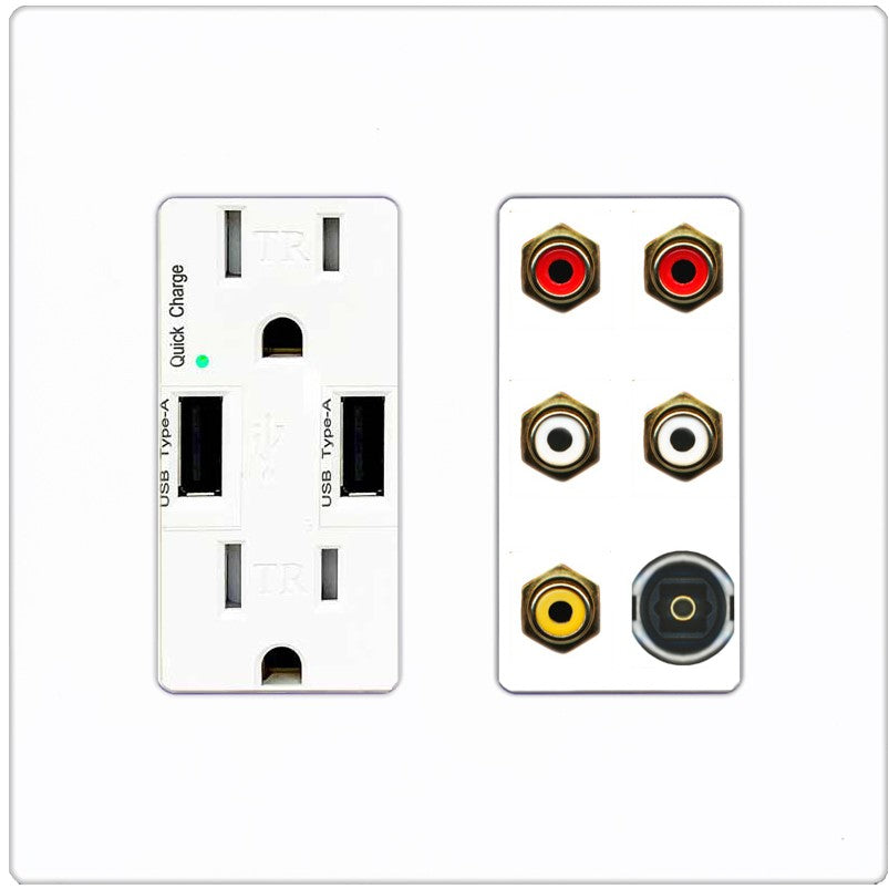 RiteAV 5 RCA (2 Red, 2 White, 1 Yellow) Toslink Wall Plate - USB Outlet [Screwless White]