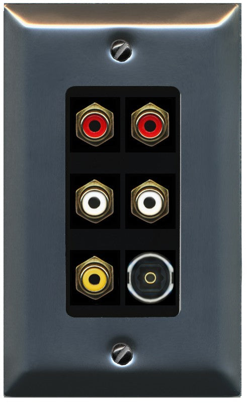 RiteAV 5 RCA (2 Red, 2 White, 1 Yellow) Toslink Wall Plate - 1 Gang Decorative [Stainless/Black]