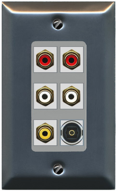 RiteAV 5 RCA (2 Red, 2 White, 1 Yellow) Toslink Wall Plate - 1 Gang Decorative [Stainless/Gray]