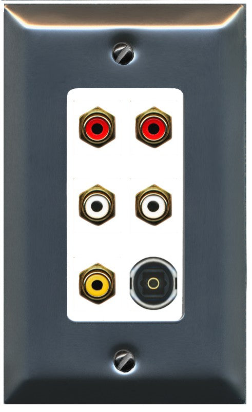 RiteAV 5 RCA (2 Red, 2 White, 1 Yellow) Toslink Wall Plate - 1 Gang Decorative [Stainless/White]