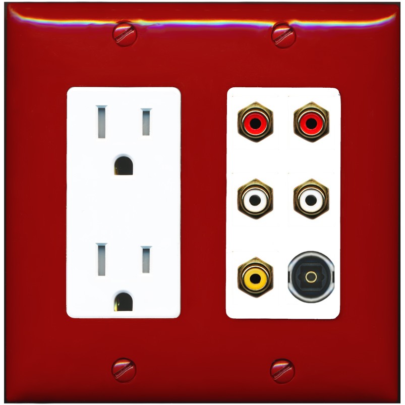 RiteAV 5 RCA (2 Red, 2 White, 1 Yellow) Toslink Wall Plate - Tamper-Resistant Outlet [Red/White]