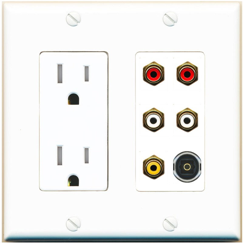 RiteAV 5 RCA (2 Red, 2 White, 1 Yellow) Toslink Wall Plate - Tamper-Resistant Outlet [White]