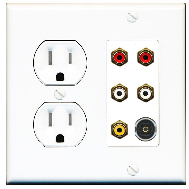 RiteAV 5 RCA (2 Red, 2 White, 1 Yellow) Toslink Wall Plate - Tamper Resistant Outlet [Round White]
