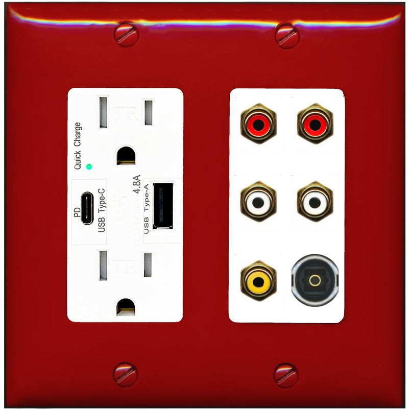 RiteAV 5 RCA (2 Red, 2 White, 1 Yellow) Toslink Wall Plate - USB A+C Outlet [Red/White]