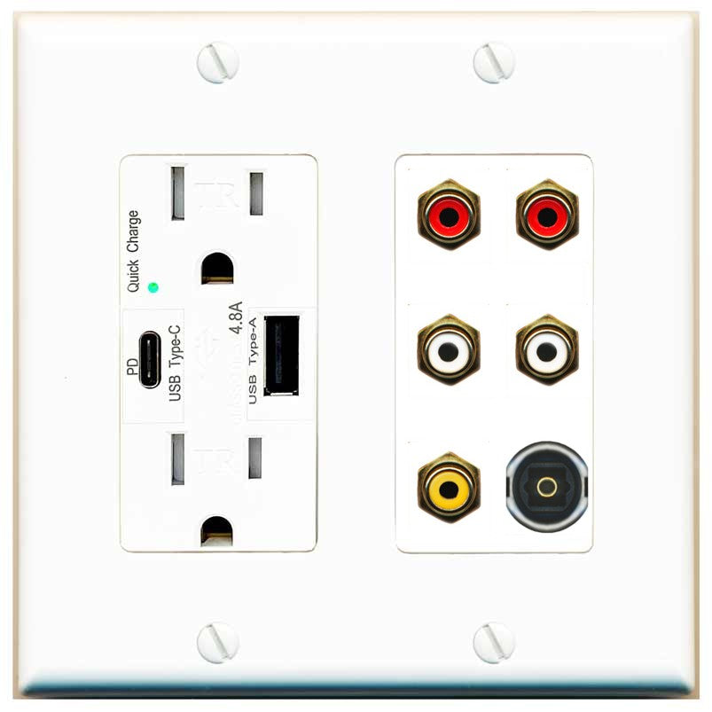 RiteAV 5 RCA (2 Red, 2 White, 1 Yellow) Toslink Wall Plate - USB A+C Outlet [White]