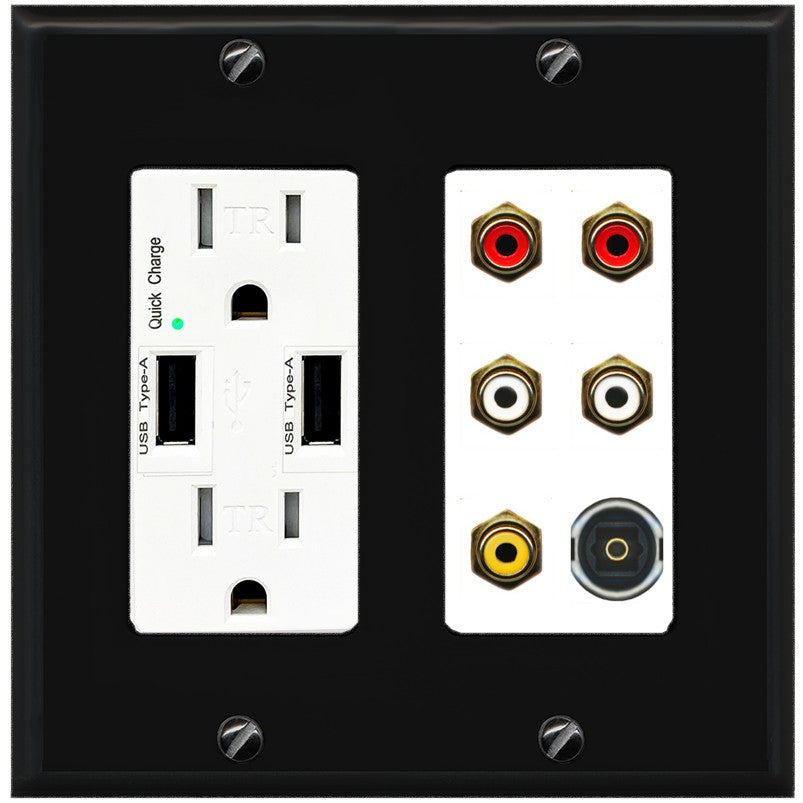 RiteAV 5 RCA (2 Red, 2 White, 1 Yellow) Toslink Wall Plate - USB Outlet [Black/White]