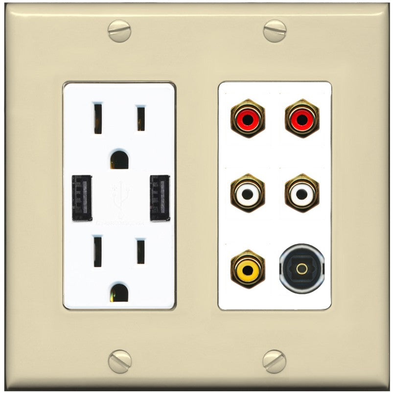 RiteAV 5 RCA (2 Red, 2 White, 1 Yellow) Toslink Wall Plate - USB Outlet [Ivory/White]