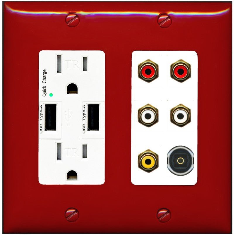 RiteAV 5 RCA (2 Red, 2 White, 1 Yellow) Toslink Wall Plate - USB Outlet [Red/White]