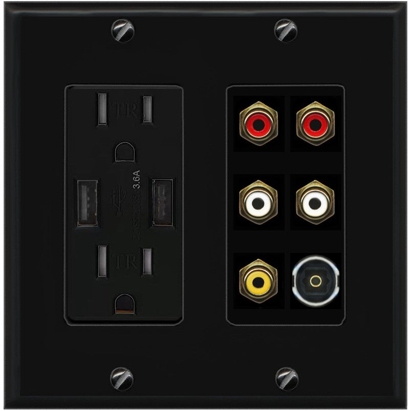 RiteAV 5 RCA (2 Red, 2 White, 1 Yellow) Toslink Wall Plate - USB Outlet [Black/Black]