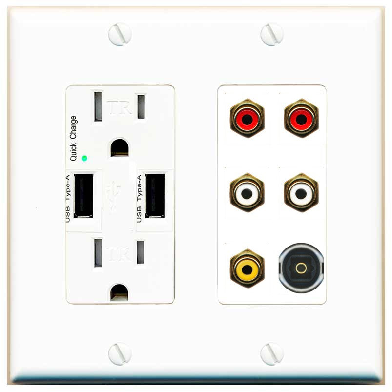 RiteAV 5 RCA (2 Red, 2 White, 1 Yellow) Toslink Wall Plate - USB Outlet [White]