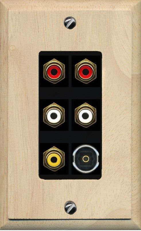 RiteAV 5 RCA (2 Red, 2 White, 1 Yellow) Toslink Wall Plate - 1 Gang Decorative [Wood/Black]