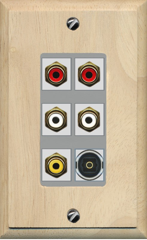 RiteAV 5 RCA (2 Red, 2 White, 1 Yellow) Toslink Wall Plate - 1 Gang Decorative [Wood/Gray]