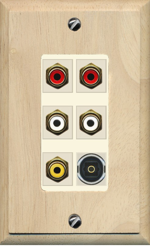 RiteAV 5 RCA (2 Red, 2 White, 1 Yellow) Toslink Wall Plate - 1 Gang Decorative [Wood/Light-Almond]