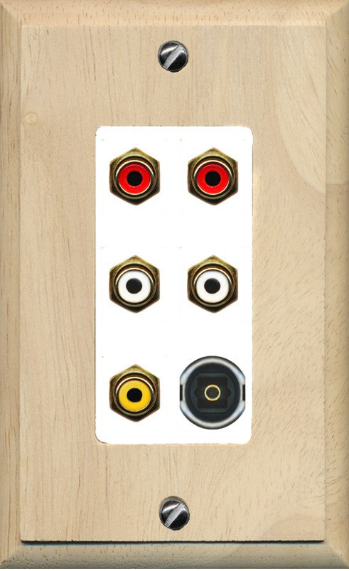 RiteAV 5 RCA (2 Red, 2 White, 1 Yellow) Toslink Wall Plate - 1 Gang Decorative [Wood/White]