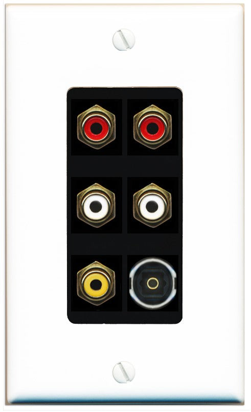RiteAV 5 RCA (2 Red, 2 White, 1 Yellow) Toslink Wall Plate - 1 Gang Decorative [White/Black]