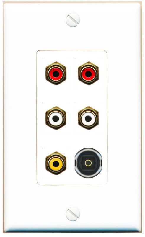 RiteAV 5 RCA (2 Red, 2 White, 1 Yellow) Toslink Wall Plate - 1 Gang Decorative [White]