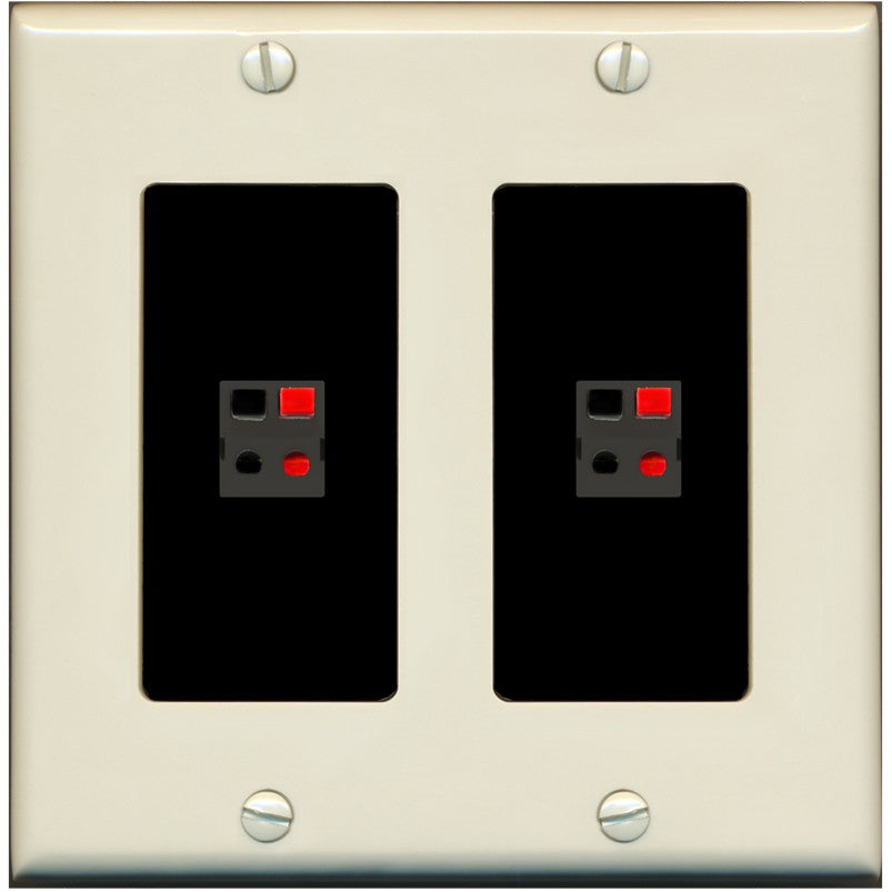 RiteAV 2 Port Speaker Wire Plug Jack Wall Plate - 2 Gang [Light-Almond/Black]