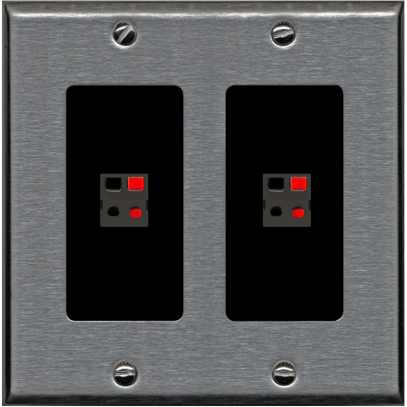 RiteAV 2 Port Speaker Wire Plug Jack Wall Plate - 2 Gang [Stainless/Black]