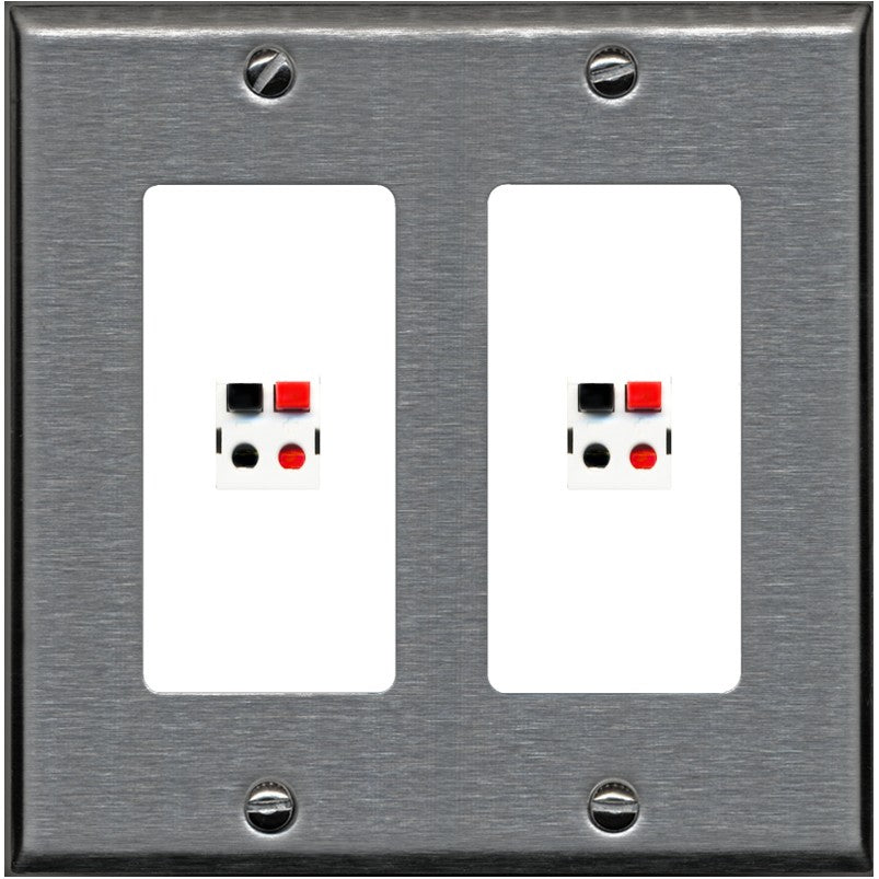RiteAV 2 Port Speaker Wire Plug Jack Wall Plate - 2 Gang [Stainless/White]
